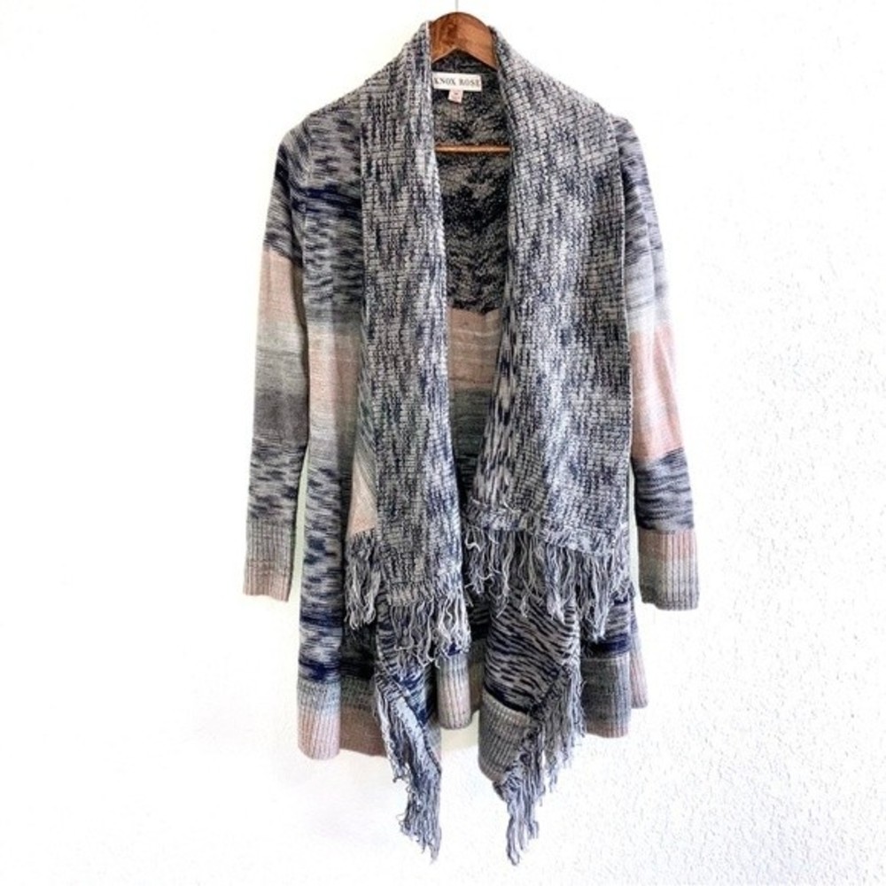 Knox Rose Boho Open Front Grey Pink Wrap Fringe Cardigan Sweater Size Medium